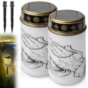 GOMETY Lot de 2 bougies funéraires à LED solaires imperméables, lumière sans flamme avec piquet de terre solaire avec capteur de lumière LED - Lumière funéraire - Lanterne funéraire - Lumière (EverTre, neuf)