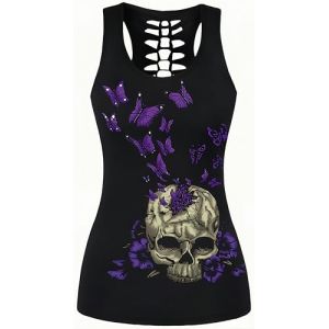 Ocean Plus Femme Crâne Sport Débardeurs Gothique Cache-cœur Gilet d'entraînement sans Manches Chemise Criss Cross Noir T-Shirt Halloween (M (Brustumfang: 86 cm), Crâne de Papillon Violet) (Ocean Plus, neuf)