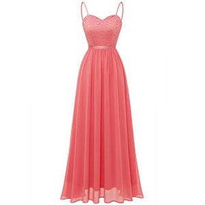 DRESSTELLS Robe de Soirée Longue Femme avec Bretelles Réglables et Dentelle Florale, Robe de Demoiselle d'honneur Élégante et Confortable pour Mariage, Bal et Autres Occasions Corail L (Dresstells, neuf)