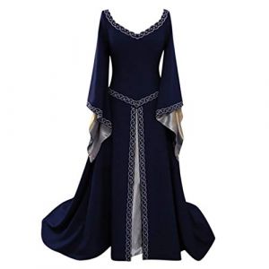 Robe gothique médiévale pour femme - Robe longue rétro à lacets - Grande taille - Ligne A - Robe maxi à lacets - Robe de tempérament - Robe hipster - Robe de fête - Costume de fête - Cosplay, bleu-a (MengLA, neuf)