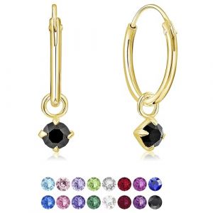 DTPsilver&reg; Boucles d'oreilles PETITES Cr&eacute;oles en Argent Fin 925 Plaqu&eacute; Or Jaune avec petit Pendentif 3 mm Cristaux de Swarovski&reg; Elements Ronds - Diam&egrave;tre: 14 mm - Couleur: Noire (DTPSilver, neuf)