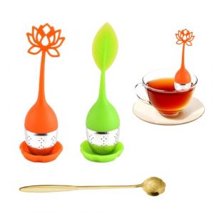 VYNZOR Infuseur &agrave; th&eacute; vrac, 2 pi&egrave;ces, acier inoxydable et silicone, poign&eacute;es, design moderne forme de feuille, boule et soucoupe, &agrave; mailles fines, passoire, cuill&egrave;re, accessoires pour outils de th&eacute; (Shophaomall Store, neuf)