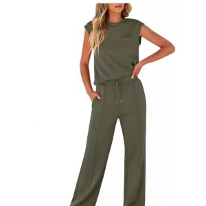 TANMESSO Tenues d'&eacute;t&eacute; 2 pi&egrave;ces pour femme, surv&ecirc;tement sans manches &agrave; jambes larges, surv&ecirc;tement d&eacute;contract&eacute;, ensemble assorti pour le voyage, vert militaire, XL (wangcuixia, neuf)