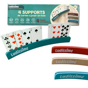 Ludissime Porte cartes à jouer - Lot de 4 supports en bois 34 cm. Accessoire de jeux de société pratique. Porte carte enfant, seniors, joueurs, belote, tarot. Mains libres et confort pour les joueurs. (organisatoo Ludissime, neuf)