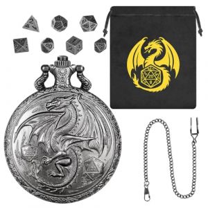 Steampunk Dragon Ail&eacute; Coquille de Montre de Poche, Mini DND Lot de D&eacute;s, 7 Pi&egrave;ces D&eacute;s D&D en M&eacute;tal Poly&eacute;drique, Sac Cadeau DND avec Logo Dragon, Accessoires de Jeux de Soci&eacute;t&eacute; de R&ocirc;le, Argent Fonc&eacute; (Keller Weber, neuf)