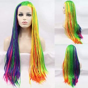 AFBeauty Perruque arc-en-ciel tressée avec dentelle frontale – Cheveux tressés multicolores colorés – Fibre résistante à la chaleur sans colle pour femme – 66 cm (arc-en-ciel 2) (AFBeauty, neuf)