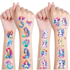 Tatouage Ephemere Paillette Enfant, 12 Feuilles Tatouage Enfant Licorne & Sir&egrave;ne, Licorne Cadeaux pour Filles, Decoration Anniversaire Sir&egrave;ne Tatouage, Tatouage Etanche Paillettes Enfants (JOJOLUXE Direct, neuf)