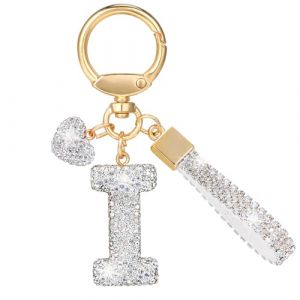 MWOOT Paillettes Porte Cl&eacute; Lettre avec Strass, Argent&eacute; Initial Porte Cl&eacute; Keychain, Porte Clef Lettre Sac Keyring Pendentif D&eacute;coratif, Brillant Porte Clef Voiture Charm, Porte Cl&eacute; Cadeau pour Femme(I) (vetpw, neuf)
