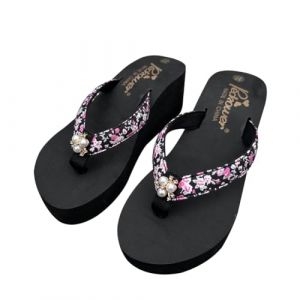 Teceyfeet Sandales d'été pour femme avec perles et strass - Sandales compensées pour femme - Sandales à plateforme - Séparateurs d'orteils pour fille - Chaussures de plage, Noir , 37 EU (Tianmao, neuf)