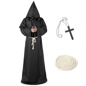 Robe de Prêtre Adulte, Robe de Moine à Capuche Médiévale d'Halloween, Deguisement Moine avec Corde de Taille de Cape et Collier de Croix, Médiéval Capot Encapuchonné, Moine Costume de Soutane de Moine (XLZJYIJ-EU, neuf)