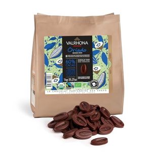 Valrhona Disques de chocolat noir de cuisson française (fèves) ORIADO 60% Cacao Bio et commerce équitable Trempe facile Crémeux et équilibré Pour brownies, gâteaux, mousses et glaçages 1 kg (1 pièce) (Baktotaal, neuf)