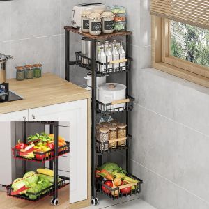 CarolynDesign Panier en Fil métallique avec Roues, Chariot de légumes et de Fruits empilable pour Le Rangement de la Cuisine avec Coussin d'accoudoir en Bois Coulissant au Fond (Carolyntrade, neuf)