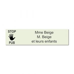 Plaque gravée pour nom boîte aux lettres STOP PUB autocollante 10x2,5cm personnalisée 1 à 3 lignes Beige (my-goodprice, neuf)