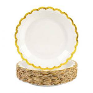 50 Pièces Assiette Jetable Festonnées 23cm, Blanc Assiettes en Carton Vaisselle Jetable Anniversaire pour Barbecue Anniversaire Fête Douche de bébé Mariages (Or Blanc, 23cm) (xinjuezhuangshi, neuf)