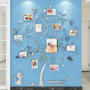 Purekay Stickers Muraux Feuilles de Arbre, Cadre Photo 3D DIY Grand Autocollant Mural Plantes Décoration Murale Arts Maison, Chambre, Salon Cadeau Bureau, Fond de Canapé (Miroir Argent, L) (Purekay, neuf)