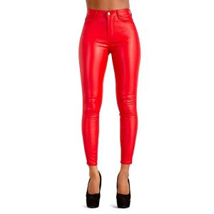Glook Pantalon Femme Imitation Cuir Rouge, Coupe Skinny Mi-Taille - Pantalon Simili Cuir Femme Sexy avec Poches Fonctionnelles (34, Rouge) (Glook Fashion, neuf)