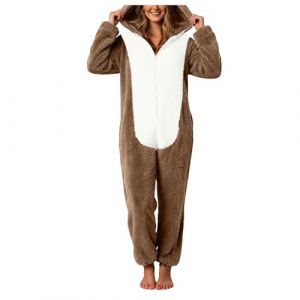 XIANUOJI Combinaison Pyjama Femme Grenouillere Combi Tout en Un Chaud en Polaire, Pyjamas Barboteuse Capuche V&ecirc;Tement en Peluche Nuit Adulte Costume Loungewear Grenouill&egrave;re (1-Khaki, XXXL) (XLEWHX, neuf)