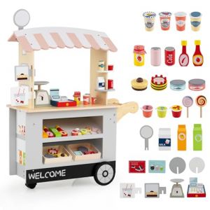 GOPLUS Chariot &agrave; Collations pour Enfants avec 30 Accessoires, Marchande en Bois avec Auvent, Stand de Supermarch&eacute; avec Caisse Enregistreuse, Jeu d'Imitation &Eacute;ducatif pour Gar&ccedil;ons/Filles 3+ Ans (Gris) (Augenstern24, neuf)