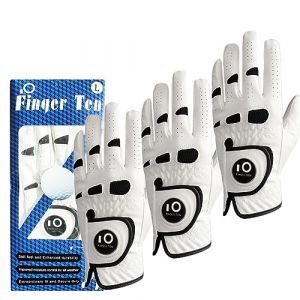 FINGER TEN Gants De Golf Homme Main Droite Gauche Cuir avec Marqueur de Balle Mode Lot de 3, Gant De Golf Hommes Blanc Sports Respirants Cadeaux Golf (Blanc, M, Gauche) (Finger Ten Golf Shop, neuf)