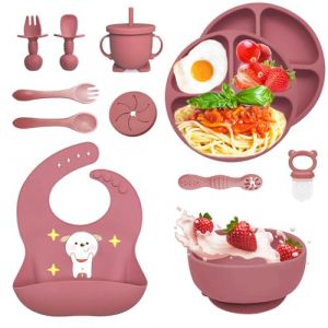 Bizcasa Coffret Repas Bebe 12 pièces, Vaisselle Antiderapant pour Bébé Set Silicone avec Ventouse Assiette Bol Fourche Cuillère Bavoir et Tasse, Assiette Enfant Set, Sans BPA (Rose foncé) (Kidtvan XP Kft., neuf)