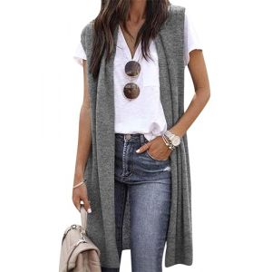 EFOFEI Femme Cardigan &agrave; Camisole Mi-Long Top Flottant Long avec Col Gilet Chaud Printemps Automne Gris Clair L (MILKCHOCLAT, neuf)