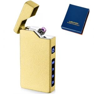 Briquet &eacute;lectronique USB - Briquet &agrave; arc &eacute;lectrique USB - Double arc &eacute;lectrique - Avec indicateur de batterie - Coupe-vent - Avec bo&icirc;te cadeau (or mat) (ELENASI, neuf)