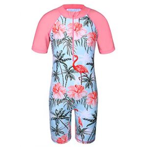 HUAANIUE Filles Maillot de Bain 1 Pièce 2-12 Ans, Anti-UV UPF 50+ Manches Courtes, Fermeture Éclair Frontale, Imprimés Colorés, Idéal pour Plage et Piscine (S345-Flamant Rose, 5-6 Ans) (HUANQIU EUR STORE, neuf)