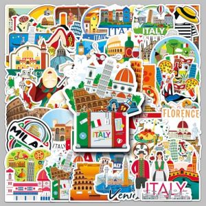 Lot de 50 Italie Voyage Autocollants en Vinyle Imperméables, Valises Stickers pour Bagages Skateboard Guitare Ordinateur Portable (Voyage) (Jenloong, neuf)