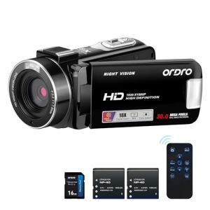 ORDRO Caméscope B320 1080P avec Carte 16 Go, Zoom numérique 18x, Vision Nocturne, écran HD Rotatif à 270°, caméra Full HD 1080p 30 MP, 2 Batteries Noir (ORDRO FR, neuf)