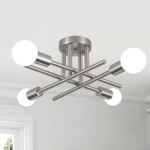 MRHYSWD Lustre Argent&eacute; Vintage, 4 Lumi&egrave;res Luminaire Plafonnier Industriel R&eacute;tro pour Chambre Salon Salle De Bain Cuisine Couloir Salle &agrave; Manger Paille Entree, Sans Ampoule (MRHYSWD（FR）, neuf)