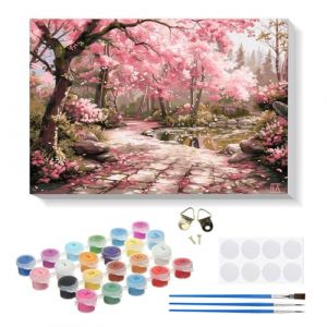 RICUVED Peinture par Num&eacute;ros Adulte Fleur de cerisier,Paysage Maison Peinture par Num&eacute;ros Kits avec Cadre en Bois Toile Huile la Main avec Pinceaux Kits Adultes Artisanat pour la Maison 20x30cm (FANDIJIA, neuf)