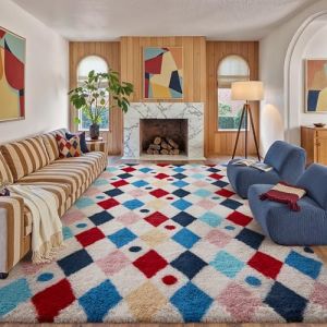 HUGEAR Tapis Salon Shaggy Damier Tapis Chambre Adulte Fille Doux Moelleux Descente de lit Antid&eacute;Rapant Moderne Grand Tapis Multicolore Blanc 240&times;300cm Decoration Chambrel Motif Geometrique (RONGBEN, neuf)