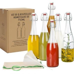 myFERMENTS Kit 6 Bouteilles 750ml en Verre &Eacute;pais avec Bouchon M&eacute;canique Herm&eacute;tique | Set Complet Fermentation Bi&egrave;re Kombucha K&eacute;fir Huile | Entonnoir 10cm, Tissu 50x50cm, Joint Porcelaine (make your FERMENTS, neuf)