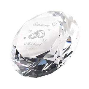 Diamant de verre orn&eacute; avec gravure de votre choix - Id&eacute;e cadeau pour les mari&eacute;s avec bo&icirc;te cadeau - Presse-papier 8 x 8 cm - Cadeau de qualit&eacute; sup&eacute;rieure - D&eacute;coration de table id&eacute;ale - Motif anneaux (polar-effekt, neuf)