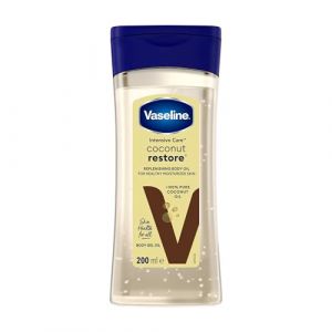 Huile corporelle Vaseline Intensive Care Coconut Restore pour une peau saine et hydrat&eacute;e. Gel-huile corporel r&eacute;g&eacute;n&eacute;rant &agrave; base d'huile de noix de coco 100% pure, (1 x 200ml) (prsWORLD, neuf)