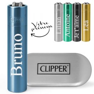 KDO MAGIC - Clipper personnalisé - Briquet en métal gravé avec Un prénom - Boite Coffret Cadeau - Pierre Changeable - Plusieurs Coloris (Gris et Bleu) (KDO-MAGIC, neuf)