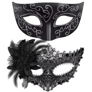 SIQUK 2 Pièces Vénitien Masque Couple Masque de Mascarade Bal Masqué Vénitien Masque Femme Homme pour Les Yeux pour Halloween Mascarade Carnaval (Siquk EU, neuf)