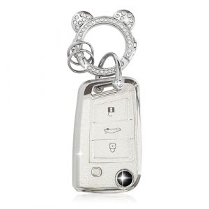 ZVRSUA Coque de Clé de Voiture pour VW，Joli Porte Clé ，Accessoire Voiture Compatible avec VW Volkswagen Golf 7 Tiguan T-ROC T-Cross Polo Seat Ateca Ibiza Leon Skoda Octavia Fabia Kamiq (Argent) (SENBAODZ, neuf)