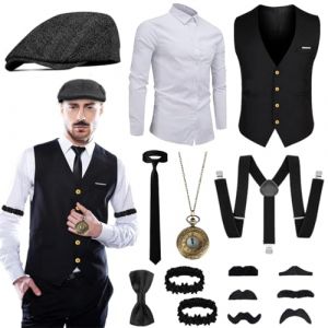 Fantspati Costume Gatsby des Ann&eacute;es 1920 pour Homme, Accessoire des Ann&eacute;es 20 Costume de Carnaval de Mafia pour Homme, Kit de Costume de Gangster R&eacute;tro Avec Chemise Gilet Chapeau Manches XL (AIJIAMEIKJ, neuf)