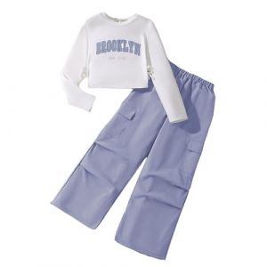 Generisch Tenue 2 pièces pour fille : sweat à manches longues, chemise cargo, pantalon de jogging, robe à carreaux pour fille, lilas, 11-12 ans (⭐⭐⭐⭐⭐Five star⭐⭐⭐⭐, neuf)