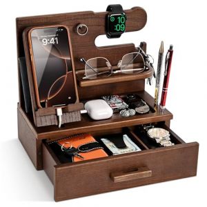 TESLYAR Station d'accueil de t&eacute;l&eacute;phone en bois avec tiroir &ndash; Organiseur de table de nuit &ndash; Organisateur de bureau pour mari &ndash; Cadeaux d'anniversaire pour homme, papa, id&eacute;e d'anniversaire, porte-cl&eacute;s (Teslyar, neuf)