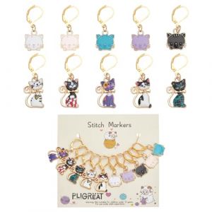 PLIGREAT 10 Pcs Mignon Chat Point Marqueur Set Bande Dessin&eacute;e Chat Pendentifs Alliage Verrouillage Tricot Marqueurs pour Tissage Couture Crochet Point Marqueur Bijoux Fabrication Accessoires (Lianmh JP, neuf)