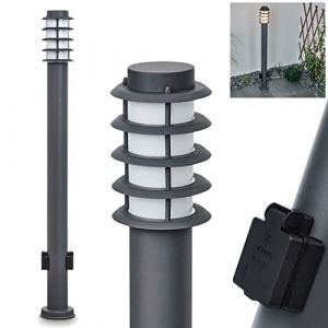 Tunes Luminaire d'extérieur avec 2 prises, lampe moderne en métal/plastique anthracite/blanc, lampadaire de 110 cm, lampe de jardin, E27, éclairage de jardin IP44, sans ampoule (hofstein, neuf)