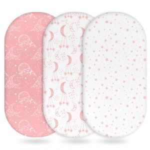 Unnivoll Lot de 3 draps-housses pour couffin pour bébé garçon et fille, super doux et respirant, facile d'entretien, blanc, rose, lune (Unnivoll EU, neuf)