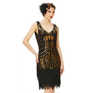 BABEYOND 1920 Flapper Robe Femme V Cou Robe Perl&eacute;e Gatsby sans Manche Robe Frang&eacute;e avec Paillette 1920 Party F&ecirc;te Bal Soir&eacute;e Art D&eacute;co - Noir Dor&eacute; 1 - S (UK 8-10/EU 36-38) (BABEYOND  FR, neuf)