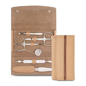 Nippes Solingen Nippes Premium Line Kit manucure 5 pi&egrave;ces avec &eacute;tui en cuir de vachette v&eacute;ritable avec bouton pression Marron clair (Gebr&uuml;der Nippes, neuf)