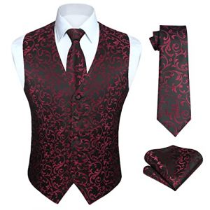 HISDERN Noir Rouge Gilet Costume Hommes Paisley Floral Jacquard Cravate Poche Carré Mariage Fête Business Fit Gilet Costume Ensemble,3XL,Noir & Rouge-N (hisdern, neuf)