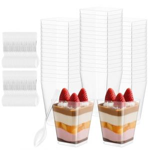 Ezvsevuo Lot de 50 Verrines &agrave; Dessert en Plastique avec Cuill&egrave;res,160ml R&eacute;utilisables Tasses &agrave; Dessert Plastique, Verrine Tiramisu Carr&eacute;s Trasparente Gobelets pour Pudding,Mousse,Cr&egrave;me Glac&eacute;e,Yaourt (Ezvsevuo, neuf)