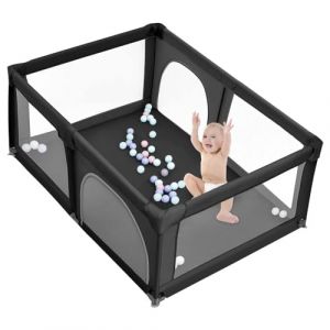 Parc Bébé, Parc de Jeux Bébé Démontable Lavable, Parc Centre d'activités pour Enfants avec 50 Balles Marine, Grand Parc Adapté Intérieur avec Grille de Protection (Noir, 180x120x66cm) (hlang EU, neuf)