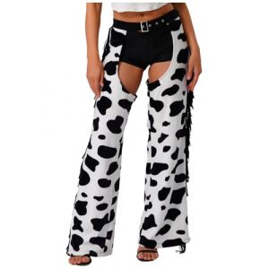 XUNZOO Carnaval Cosplay Cowgirl Chaps-Pantalon Long en Flanelle &Agrave; Pois Vache Ouvert Entrejambe pour V&eacute;lo Noir Blanc XL (XUNZOO, neuf)